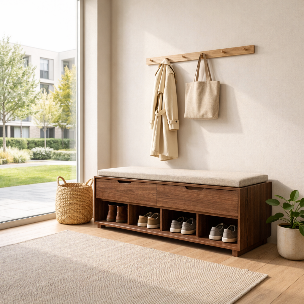 Solid Wood Shoe Storage Bench with Drawers & Open Shelves – Entryway Shoe Bench