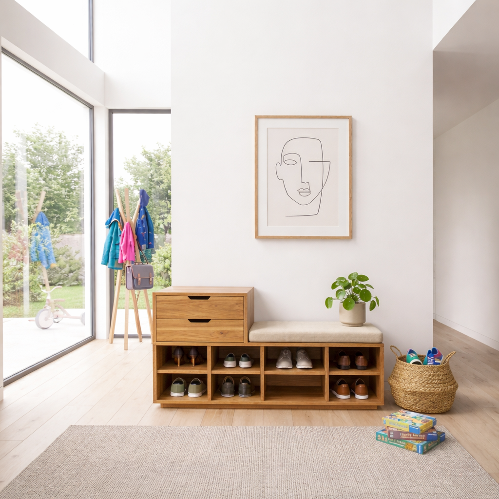 Solid Wood Shoe Storage Bench with Drawers & Cubby Shelves – Entryway Shoe Bench