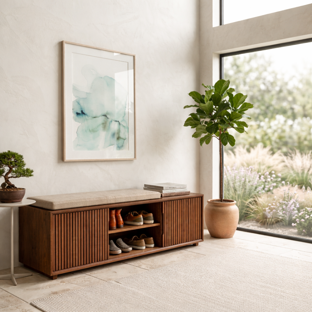 Solid Wood Shoe Storage Bench with Slatted Doors & Open Shelf – Modern Entryway Bench