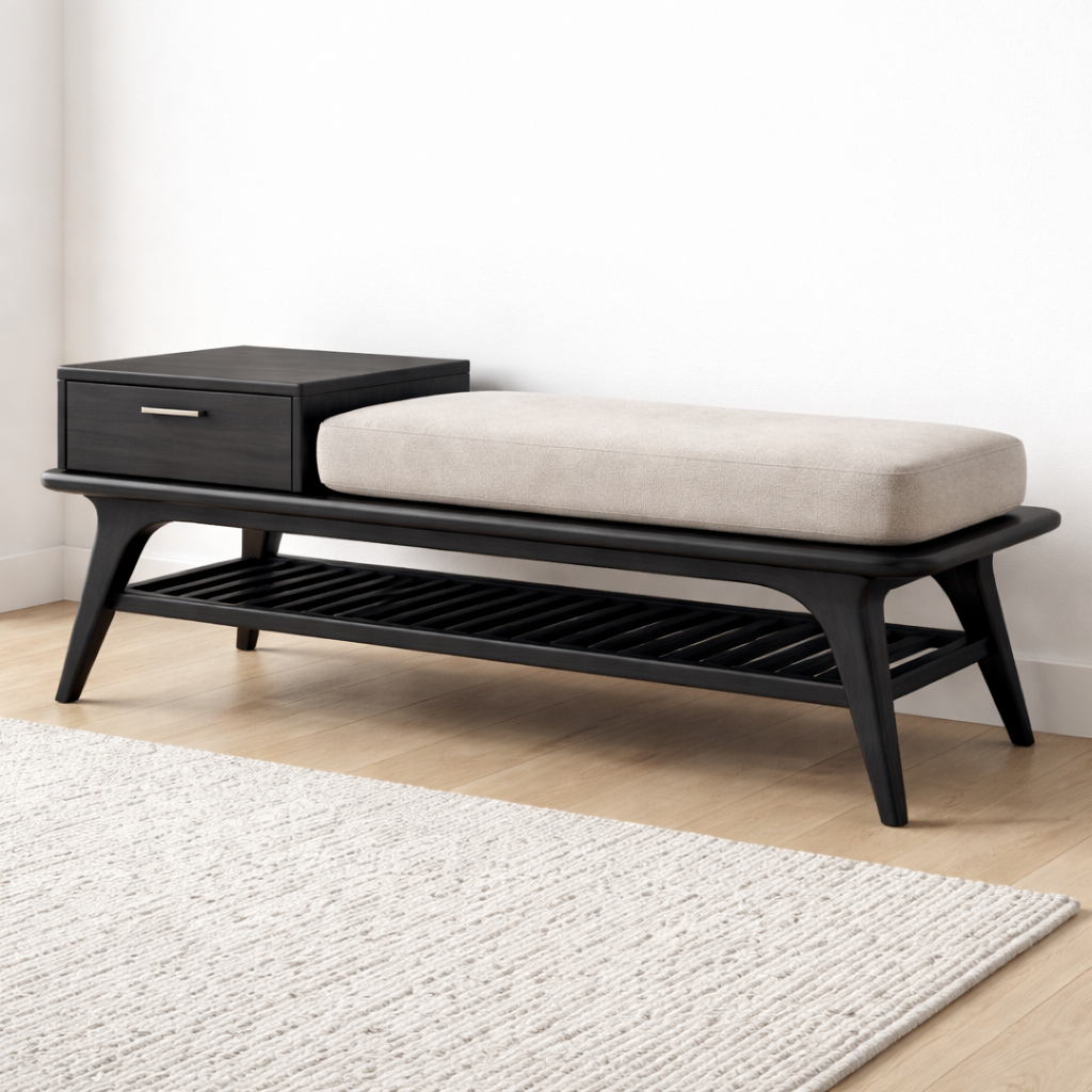 Mid-Century Solid Wood Shoe Storage Bench with Drawer and Open Shelf