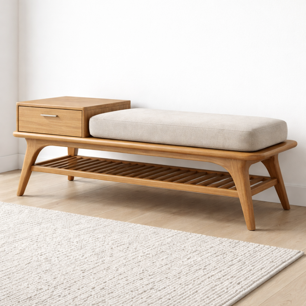 Mid-Century Solid Wood Shoe Storage Bench with Drawer and Open Shelf