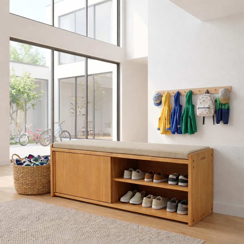 Solid Wood Shoe Storage Bench with Sliding Door & Open Shelf – Entryway Shoe Bench