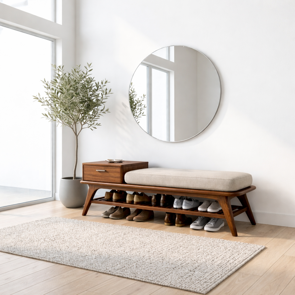 Mid-Century Solid Wood Shoe Storage Bench with Drawer and Open Shelf