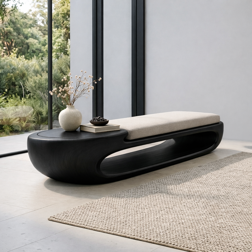 Organic Curved Solid Wood Entryway Bench with Sculptural Open Base Design