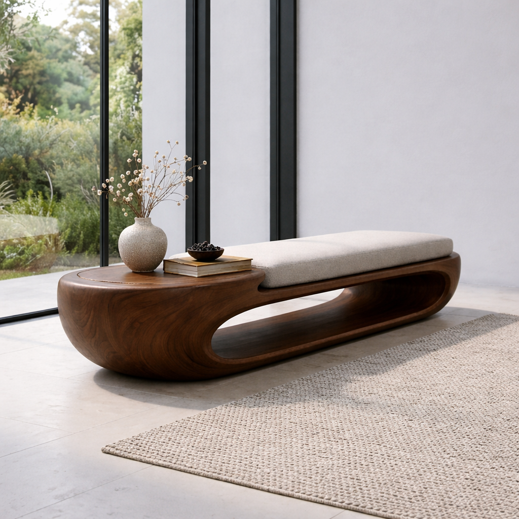 Organic Curved Solid Wood Entryway Bench with Sculptural Open Base Design