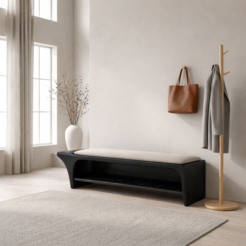 Curved Solid Wood Shoe Storage Bench with Open Shelf – Minimalist Entryway Bench