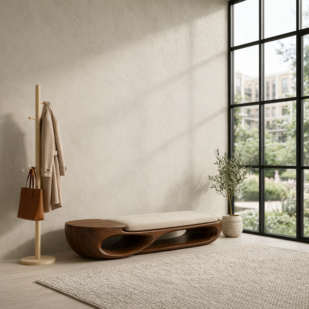 Double Curve Solid Wood Entryway Bench – Sculptural Modern Organic Design