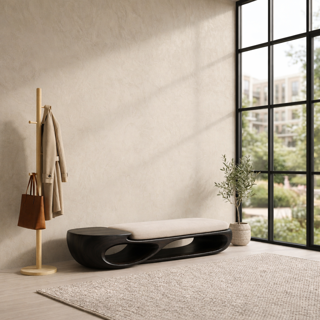 Double Curve Solid Wood Entryway Bench – Sculptural Modern Organic Design