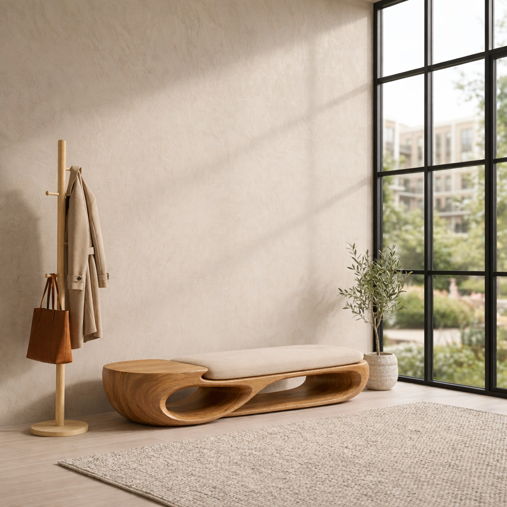 Double Curve Solid Wood Entryway Bench – Sculptural Modern Organic Design