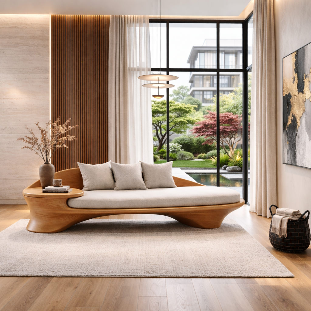 Curved Solid Wood Sofa with Integrated Side Table – Organic Modern Lounge Design