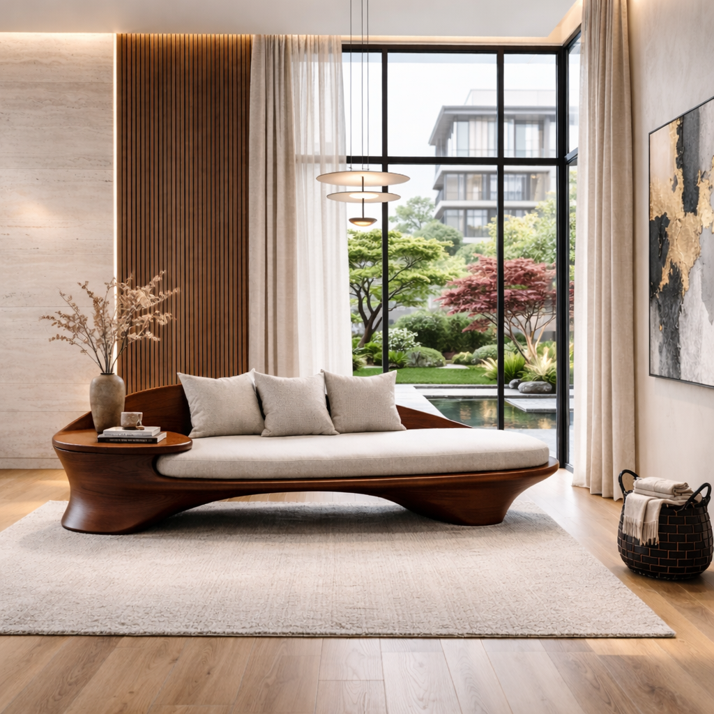 Curved Solid Wood Sofa with Integrated Side Table – Organic Modern Lounge Design