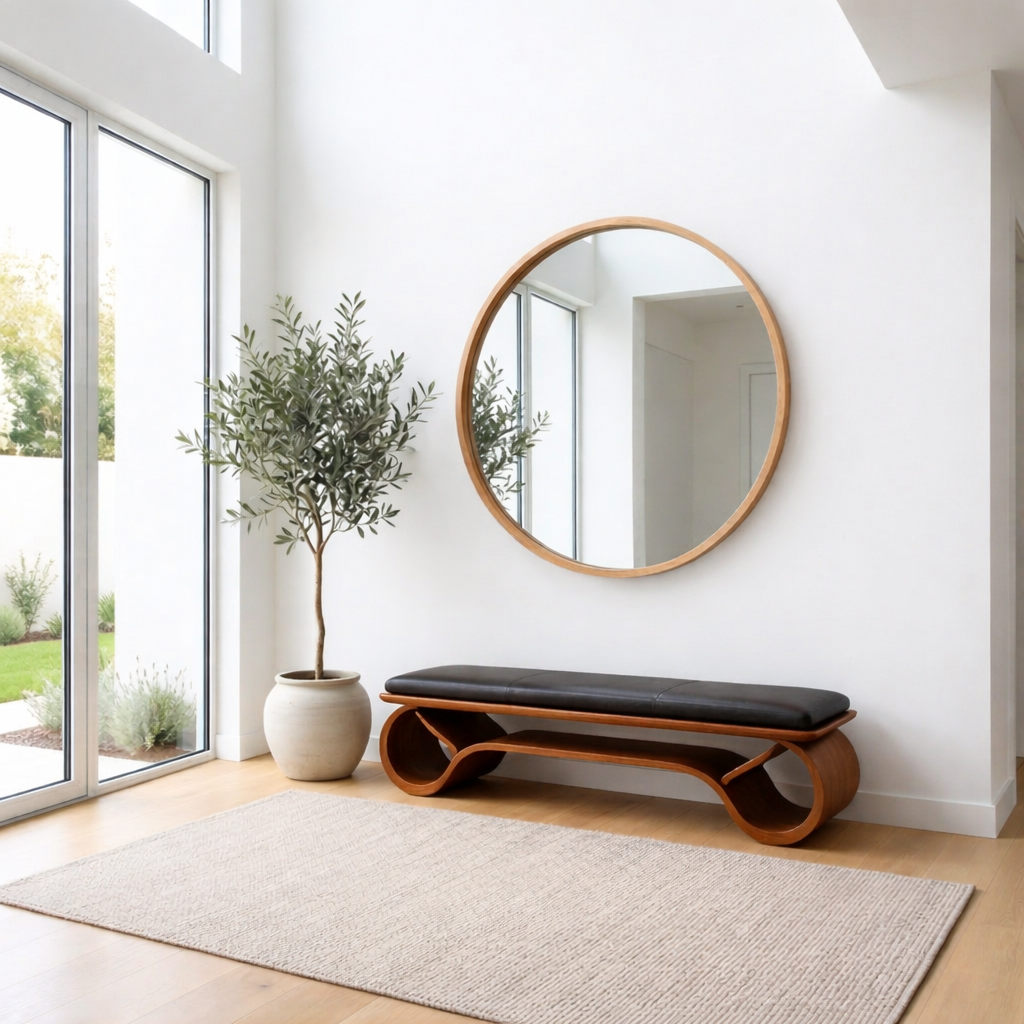 Wave Curve Solid Wood Entryway Bench with Sculptural Base – Modern Organic Style