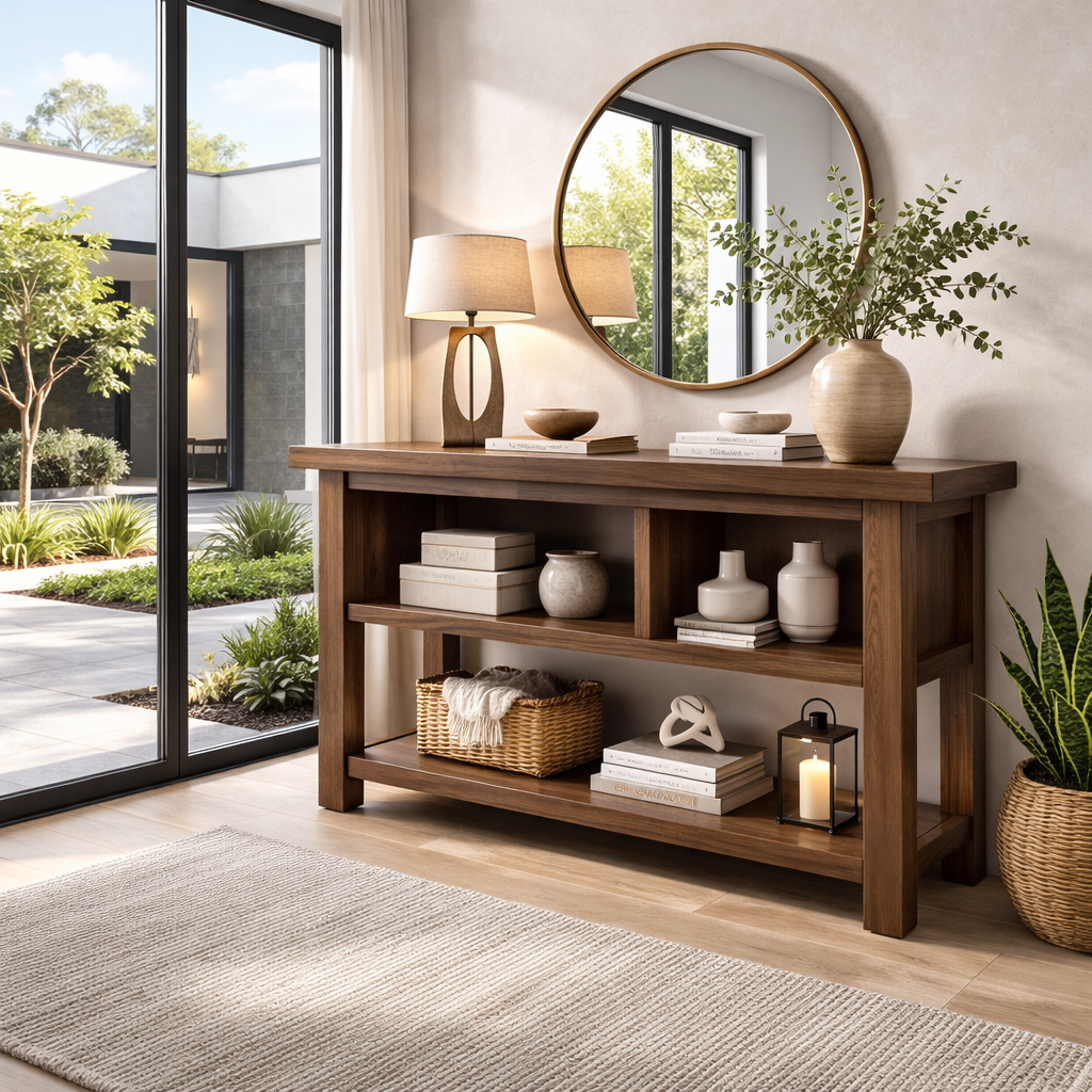Solid Wood Console Table with Open Shelves – Modern Minimalist Entryway Display Table