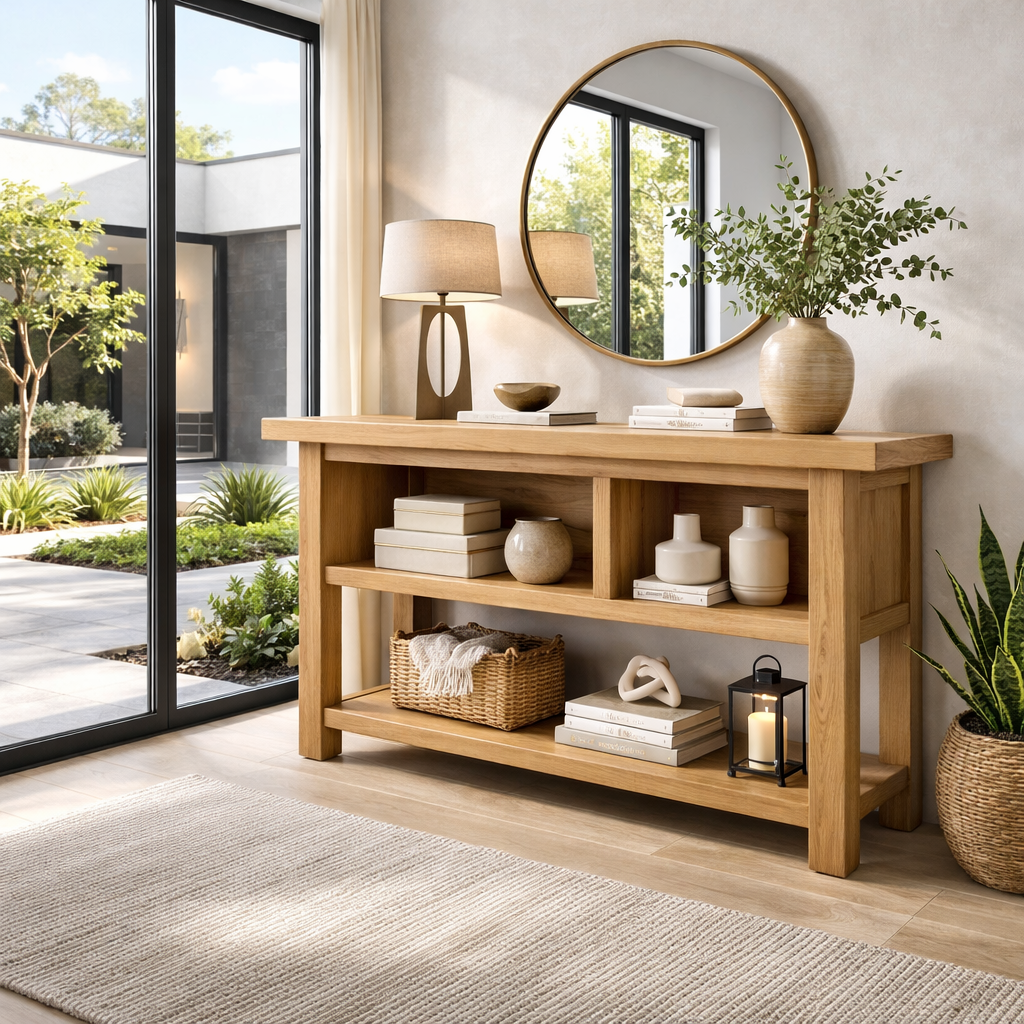 Solid Wood Console Table with Open Shelves – Modern Minimalist Entryway Display Table