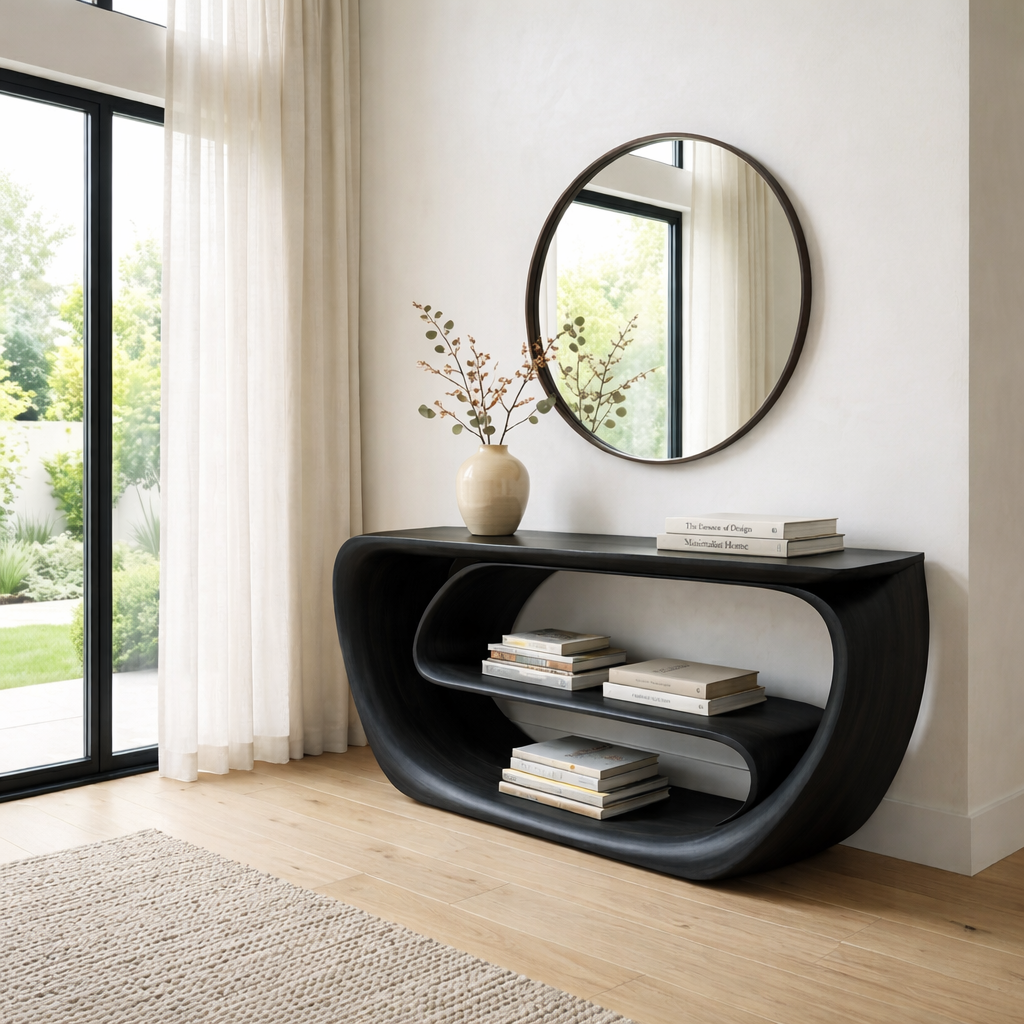 Curved Solid Wood Console Table with Open Shelves – Sculptural Modern Entryway Table