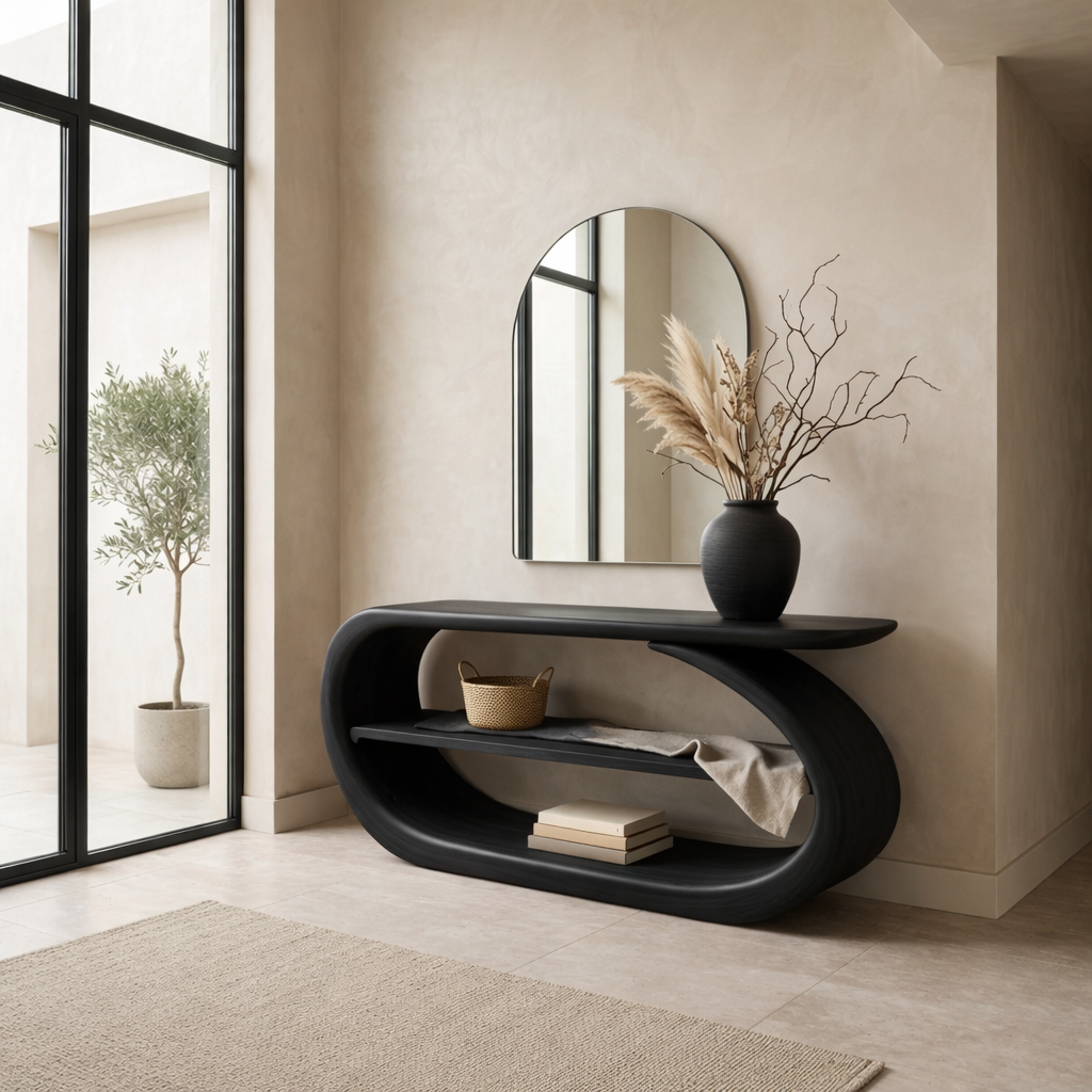 Sculptural Solid Wood Console Table with Curved Base and Shelf – Modern Entryway Table