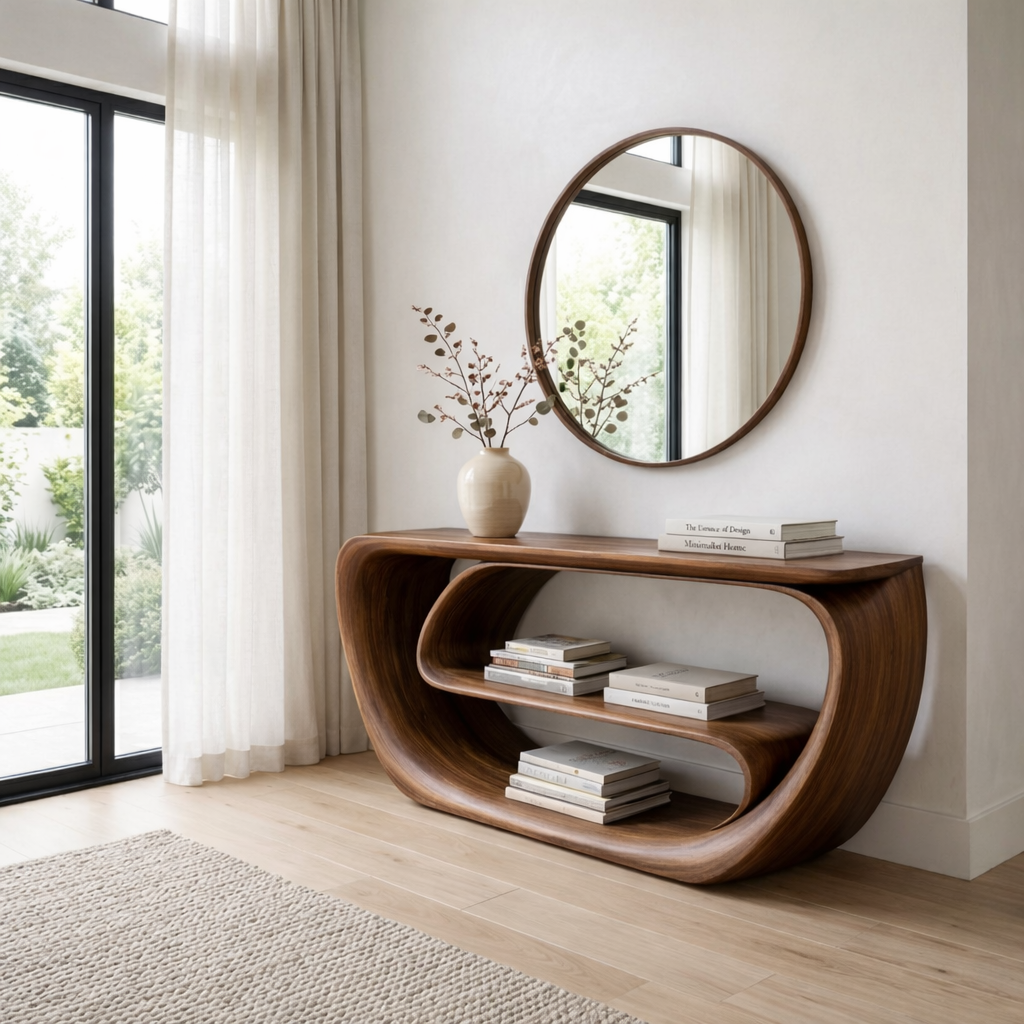 Curved Solid Wood Console Table with Open Shelves – Sculptural Modern Entryway Table