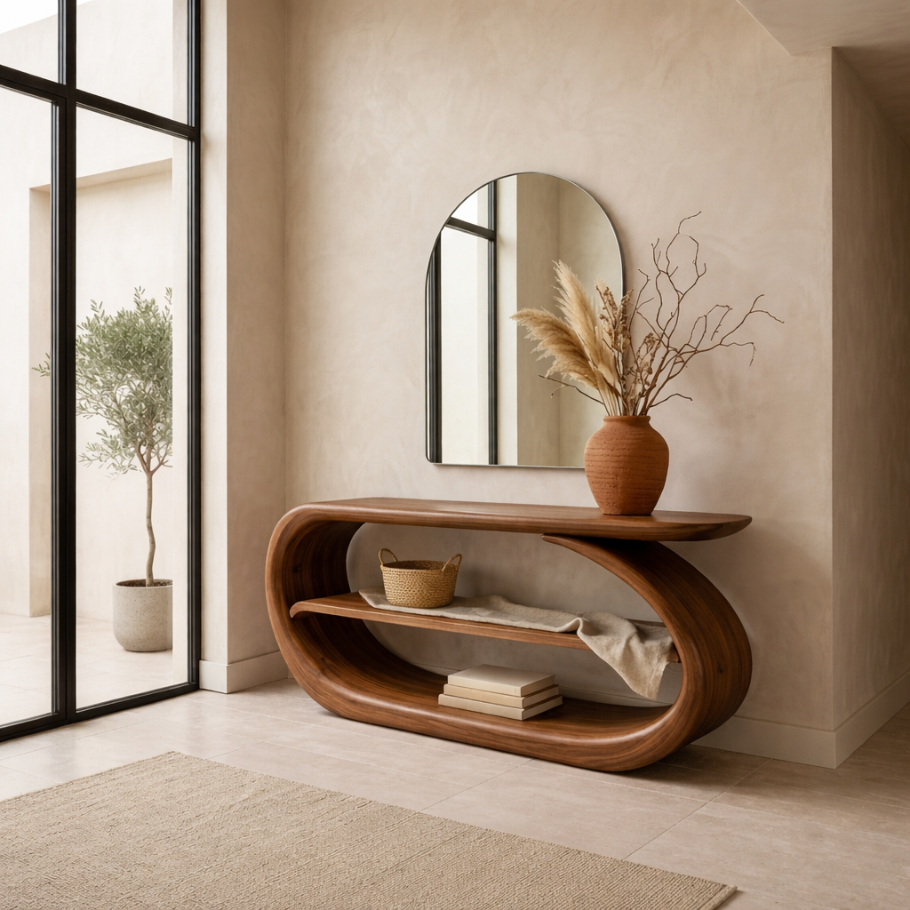Sculptural Solid Wood Console Table with Curved Base and Shelf – Modern Entryway Table
