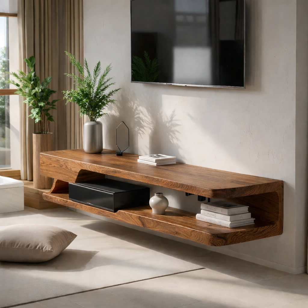 Solid Wood Floating TV Stand Modern Wall Mounted Media Console Shelf