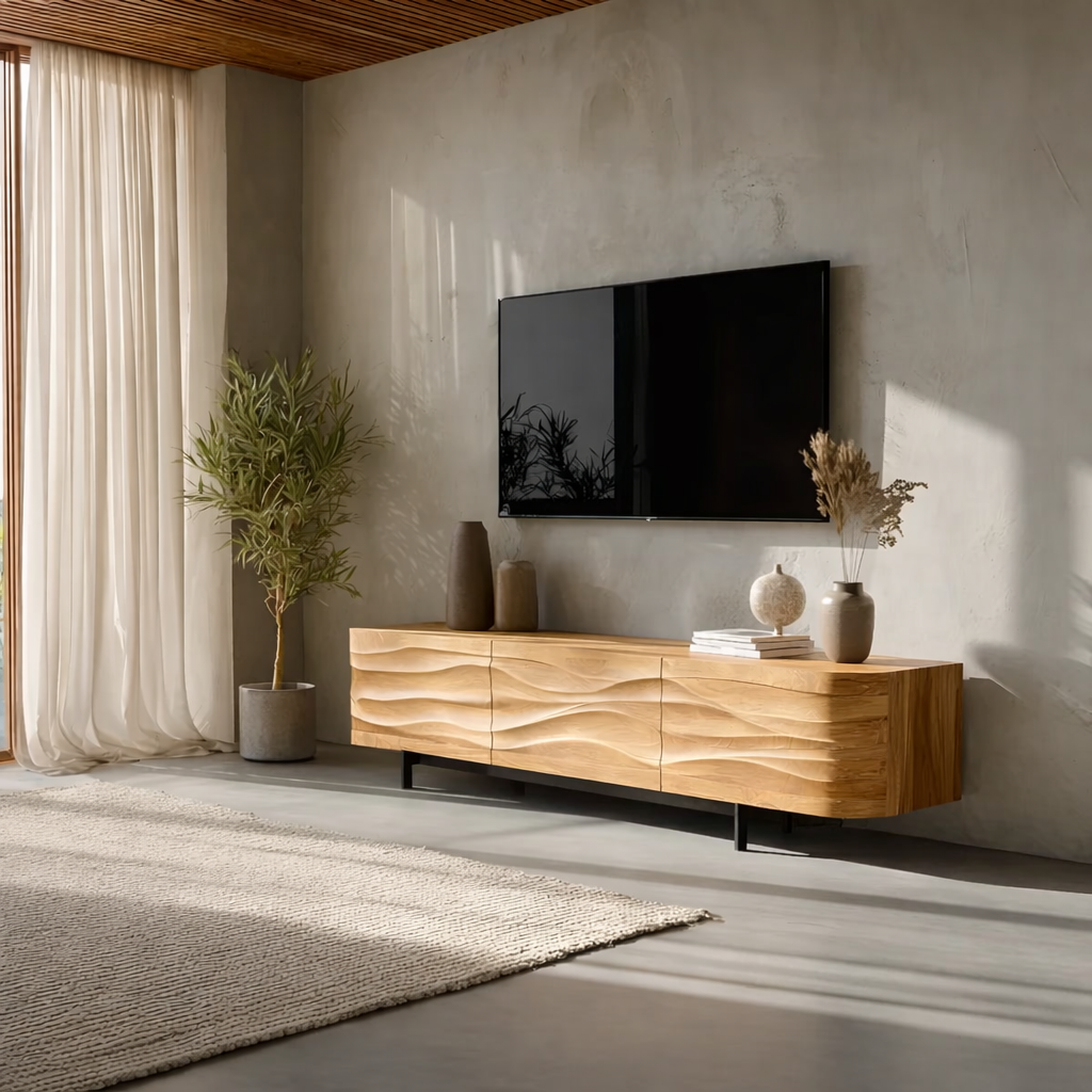 Solid Wood TV Stand Modern Walnut Media Console with Wave Front Design