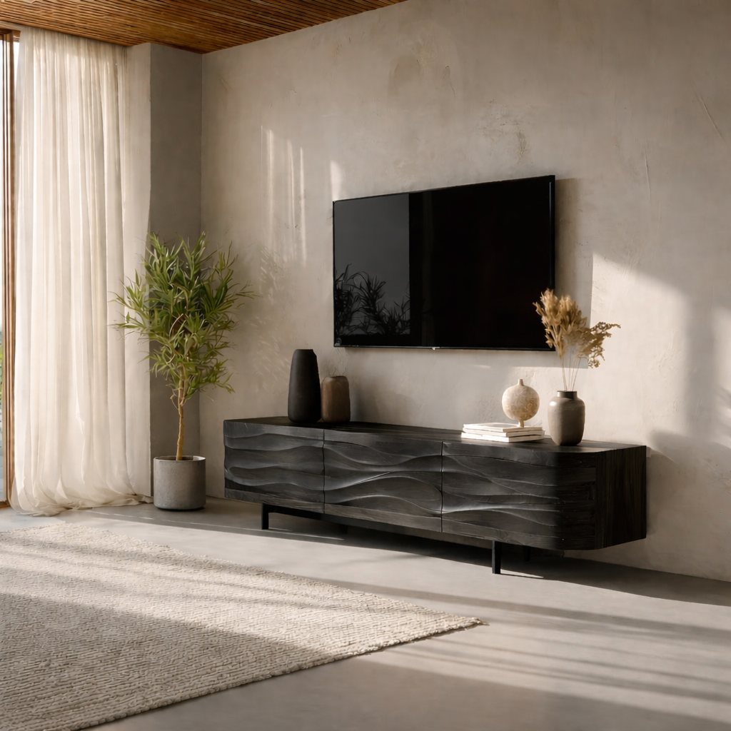Solid Wood TV Stand Modern Walnut Media Console with Wave Front Design