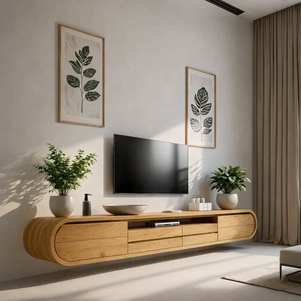 Solid Wood Floating TV Stand Modern Walnut Wall Mounted Media Console