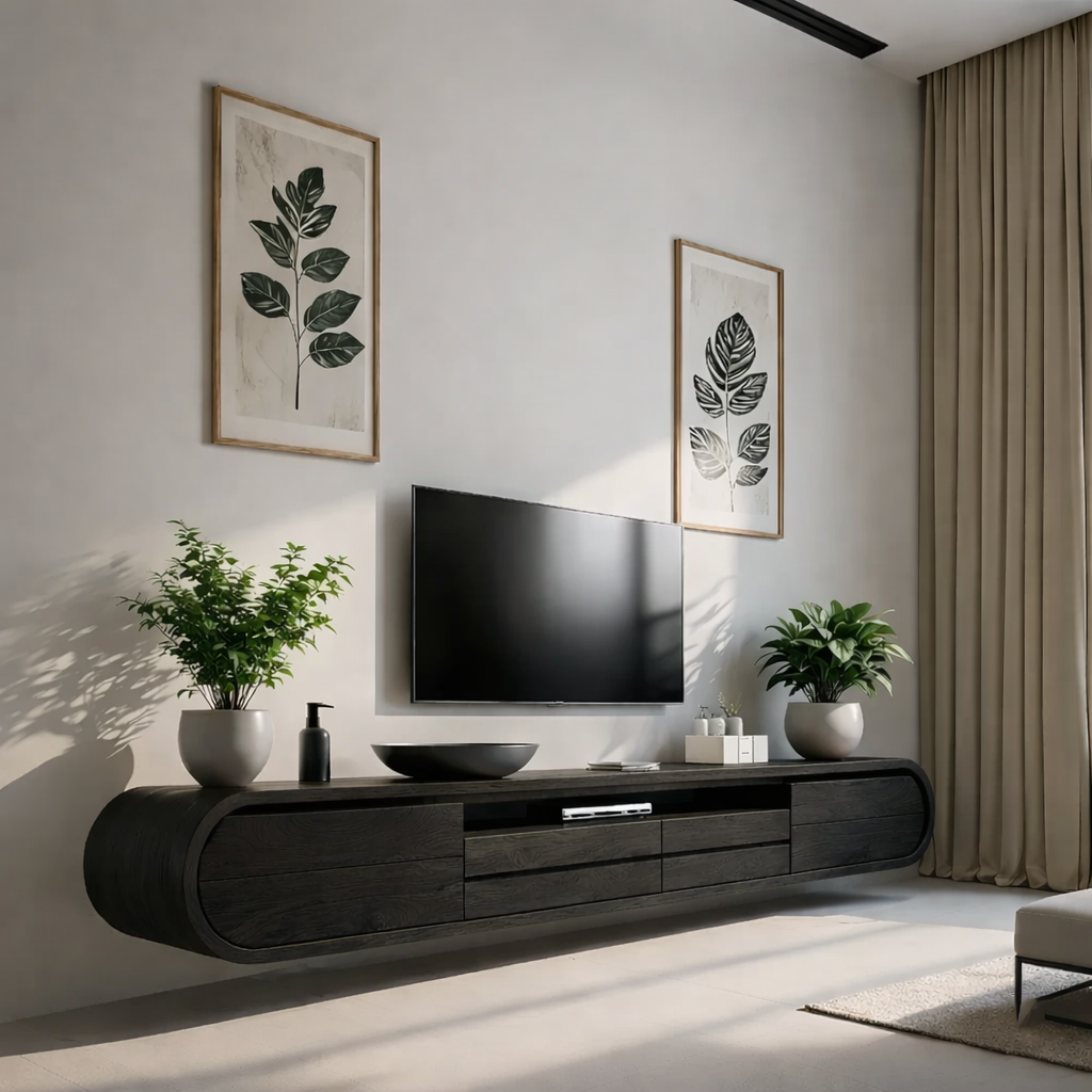 Solid Wood Floating TV Stand Modern Walnut Wall Mounted Media Console
