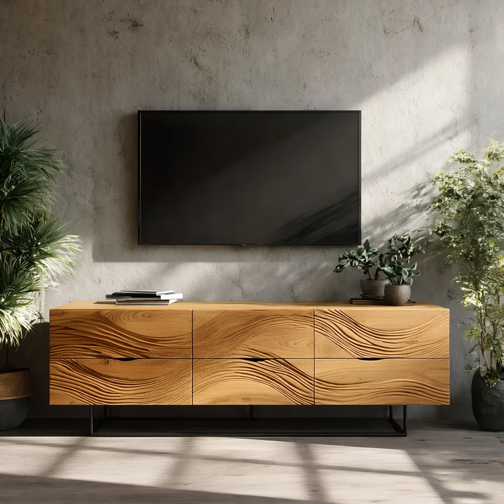 Solid Wood TV Stand Modern Walnut Media Console with Wave Design Storage