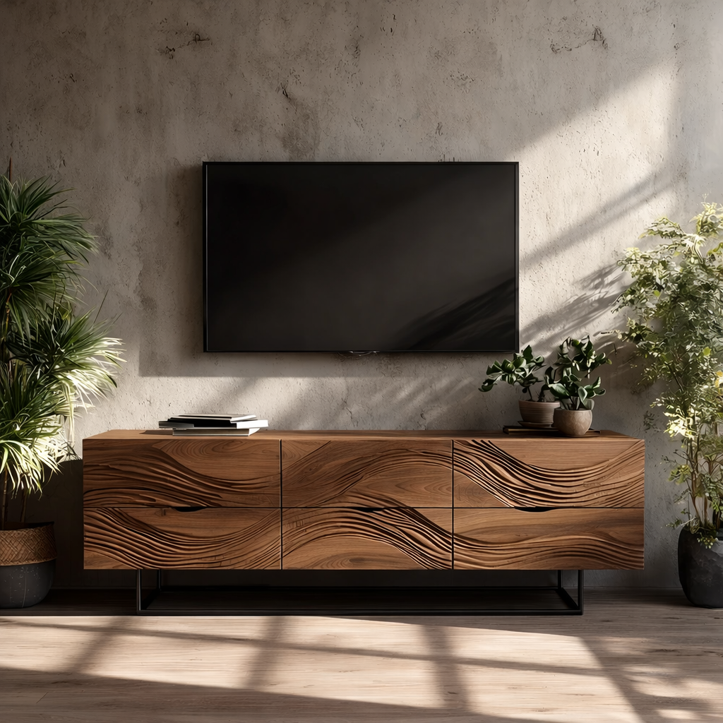 Solid Wood TV Stand Modern Walnut Media Console with Wave Design Storage