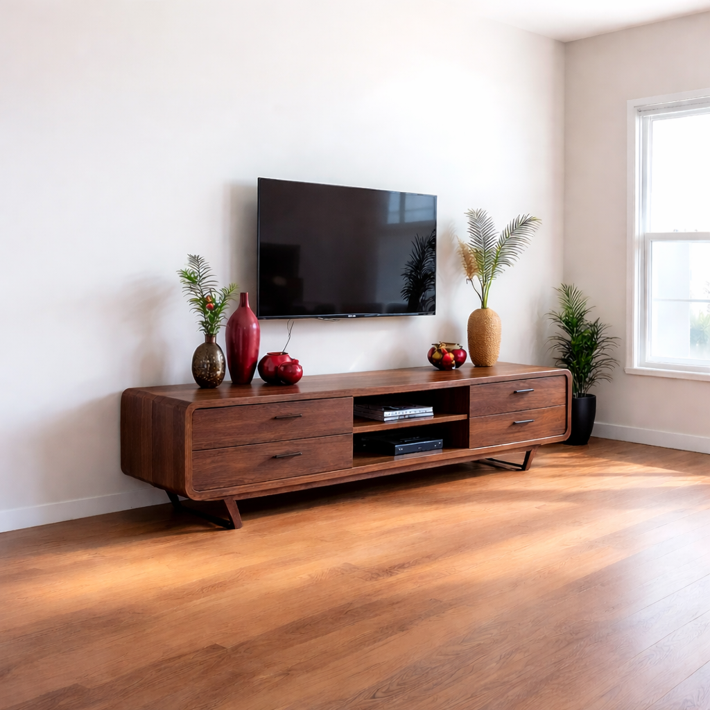 Solid Wood TV Stand Walnut Mid Century Modern Media Console with Storage