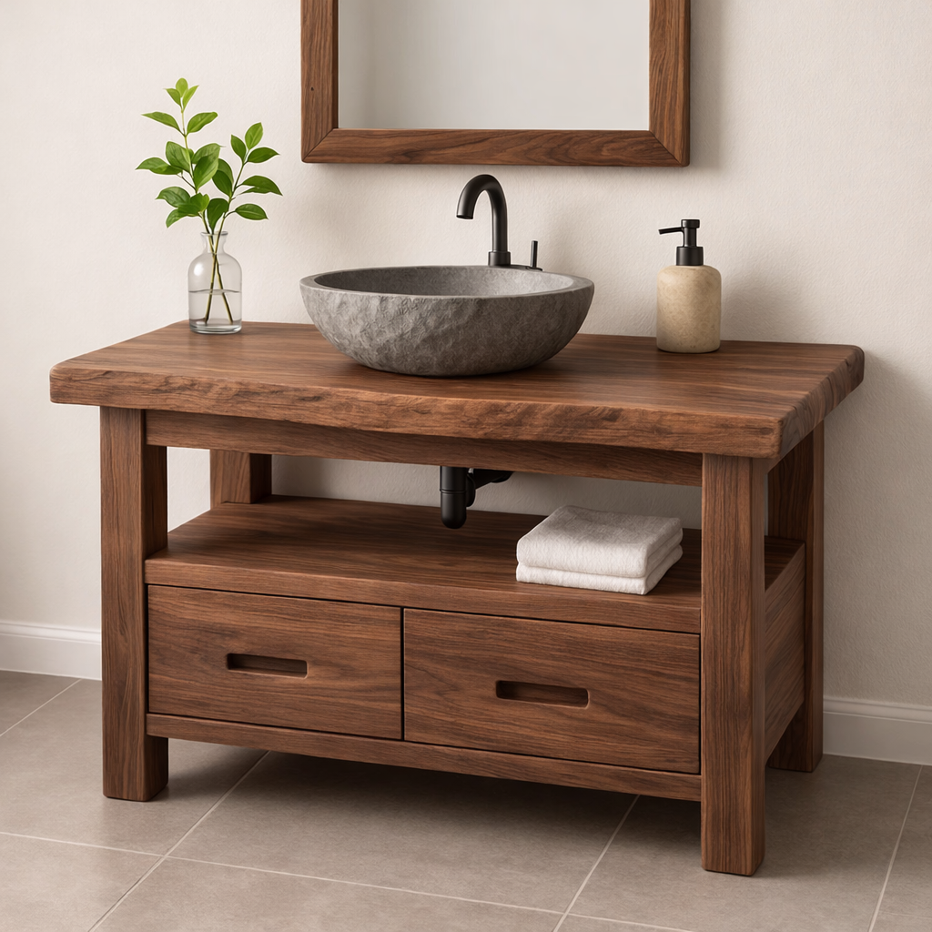 Solid Wood Bathroom Vanity Rustic Farmhouse Single Sink with Storage Drawers