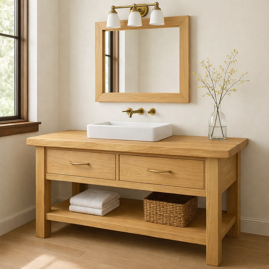Solid Wood Bathroom Vanity Walnut Farmhouse Single Sink with Drawers and Shelf
