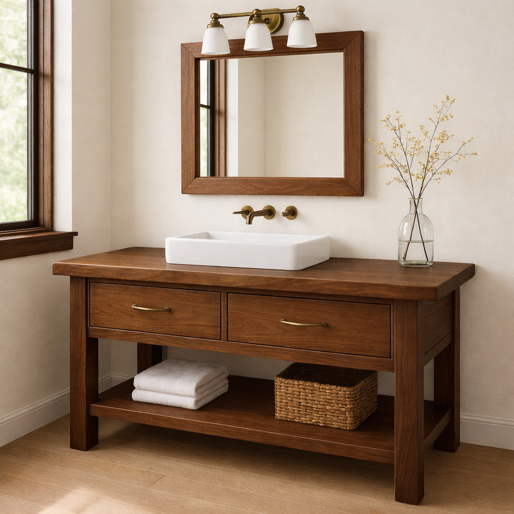 Solid Wood Bathroom Vanity Walnut Farmhouse Single Sink with Drawers and Shelf