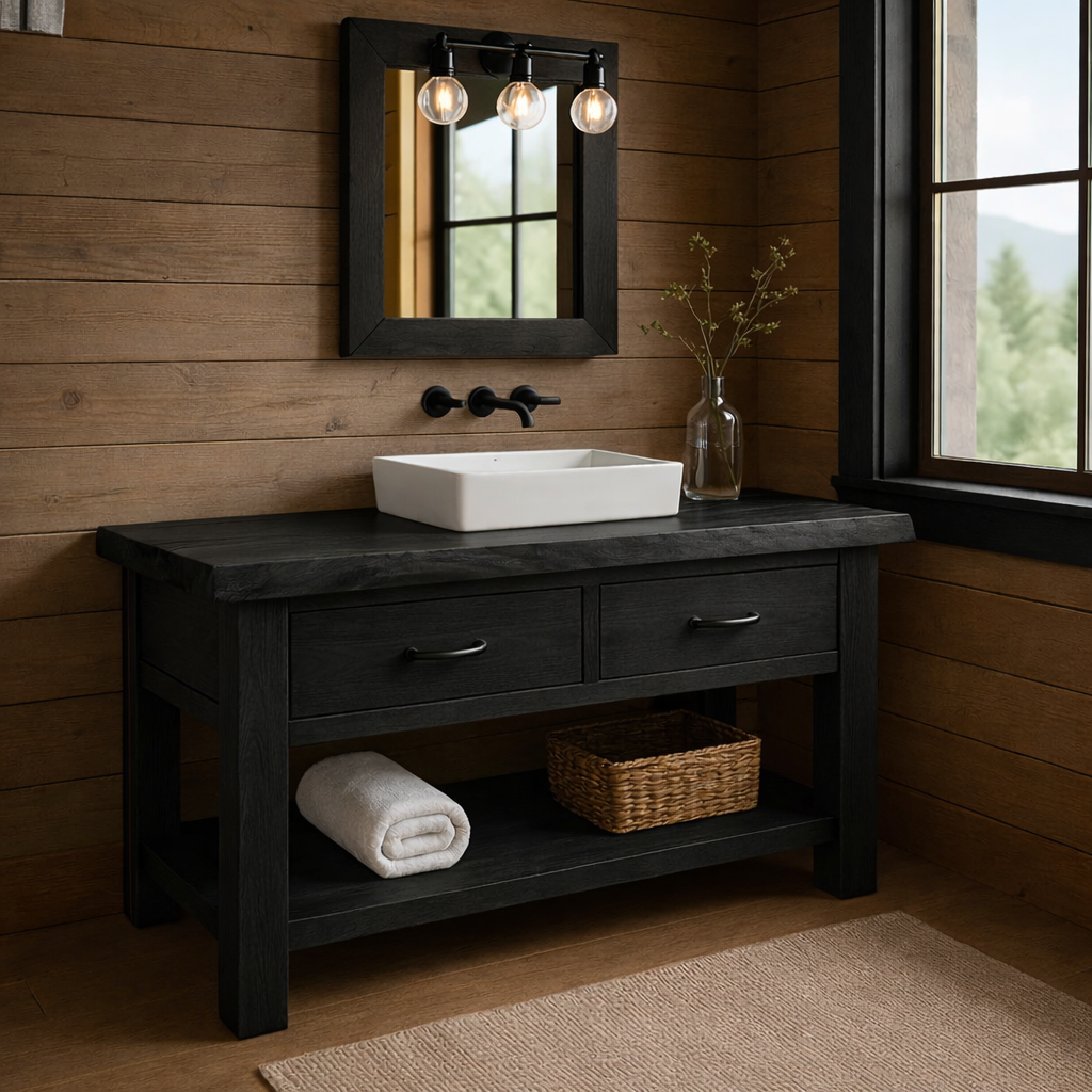 Solid Wood Bathroom Vanity Rustic Farmhouse Single Sink with Drawers and Shelf