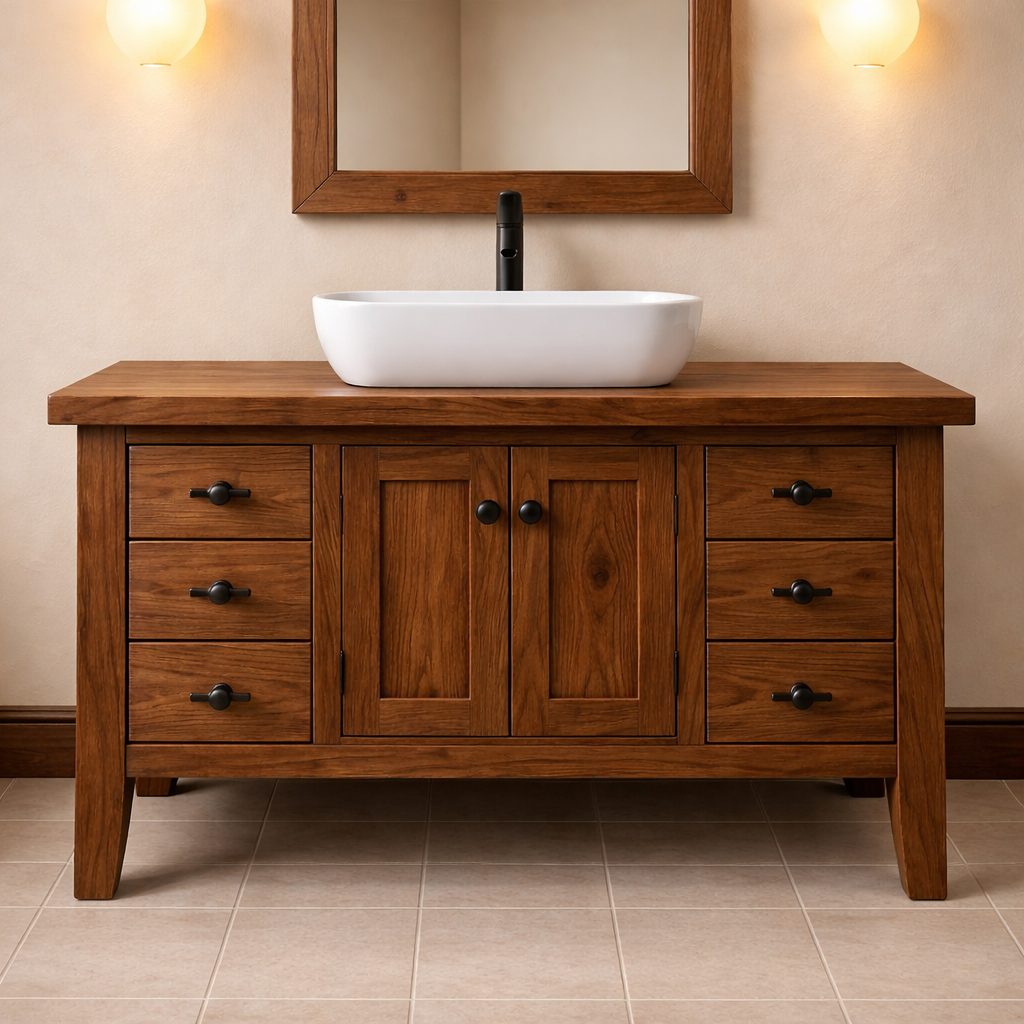 Solid Wood Bathroom Vanity Walnut Farmhouse Single Sink with Cabinet and Drawers