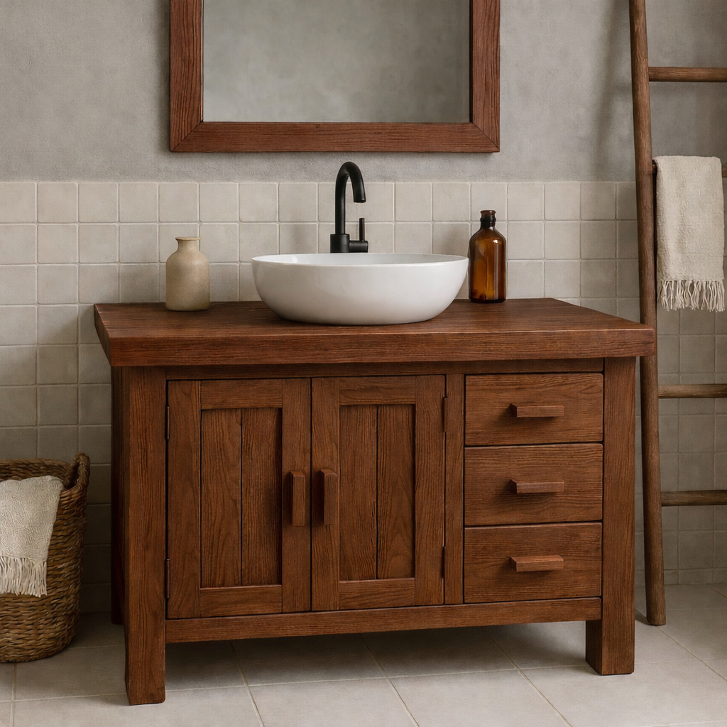 Solid Wood Bathroom Vanity Oak Farmhouse Single Sink with Cabinet and Drawers