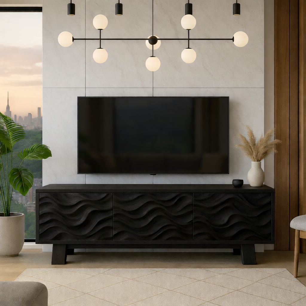 Solid Wood TV Stand Modern Walnut Media Console with Wave Front Storage Cabinet