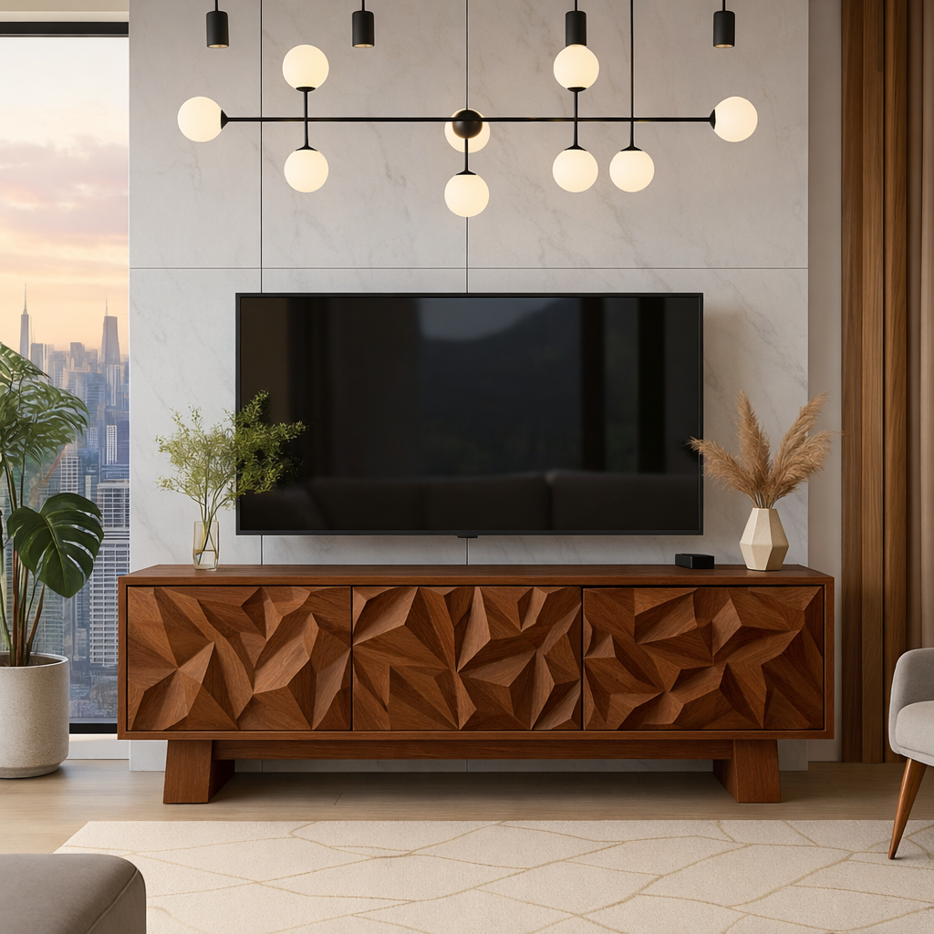 Solid Wood TV Stand Modern Walnut Media Console with Geometric Carved Storage Cabinet