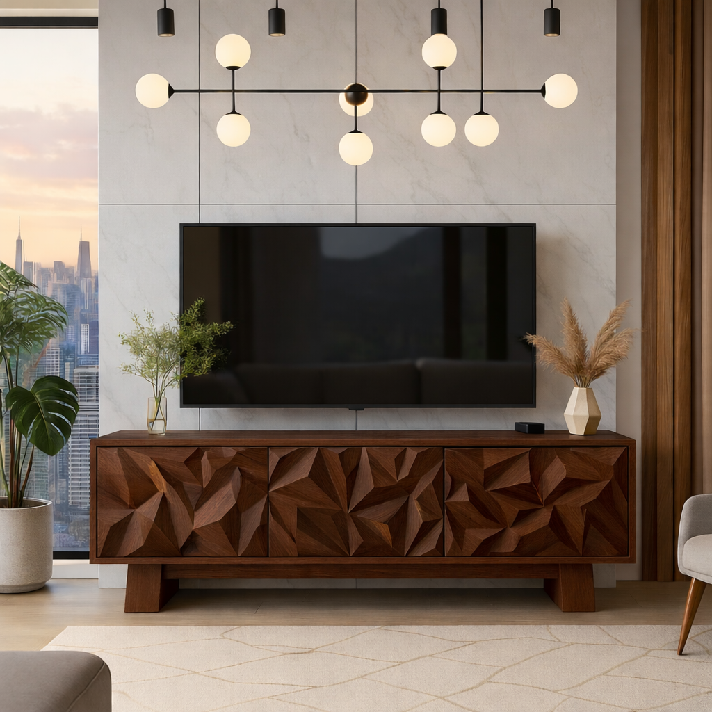 Solid Wood TV Stand Modern Walnut Media Console with Geometric Carved Storage Cabinet