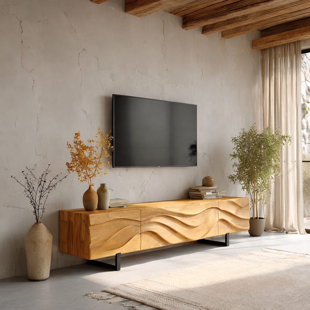 Solid Wood TV Stand Modern Floating Media Console with Sculpted Wave Front
