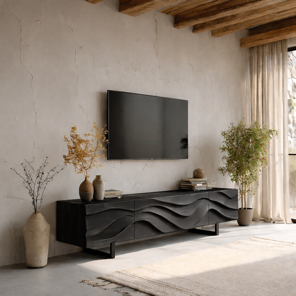 Solid Wood TV Stand Modern Floating Media Console with Sculpted Wave Front