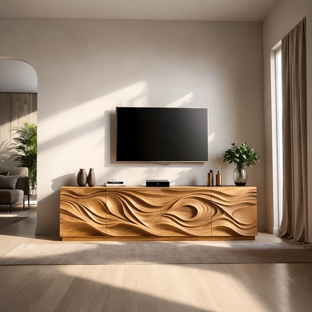 Solid Wood TV Stand Modern Media Console with Sculpted Wave Design