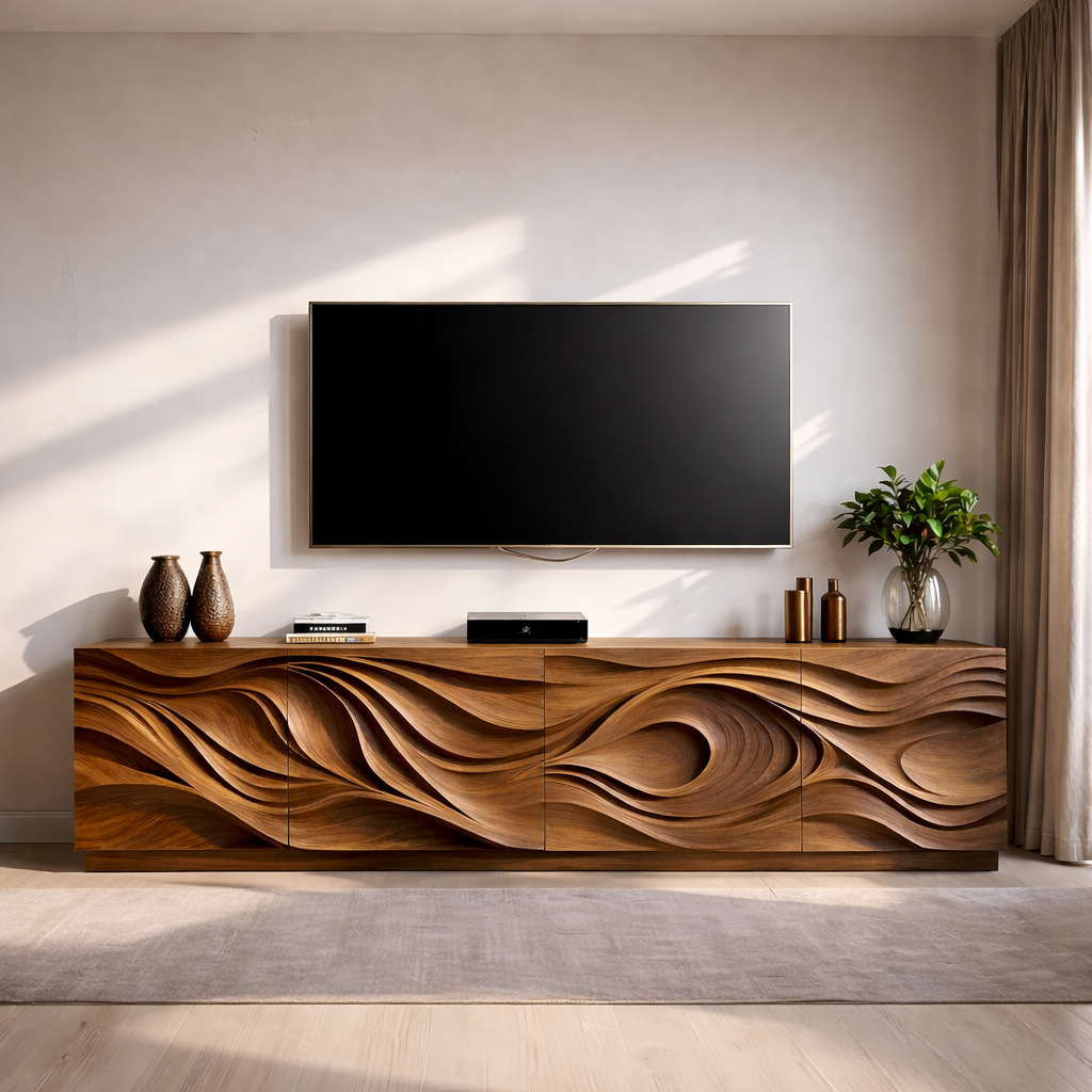 Solid Wood TV Stand Modern Media Console with Sculpted Wave Design