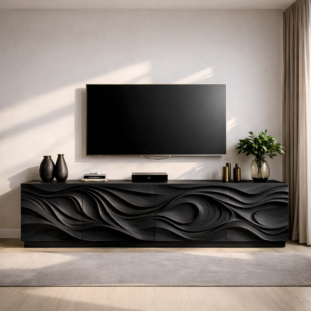 Solid Wood TV Stand Modern Media Console with Sculpted Wave Design