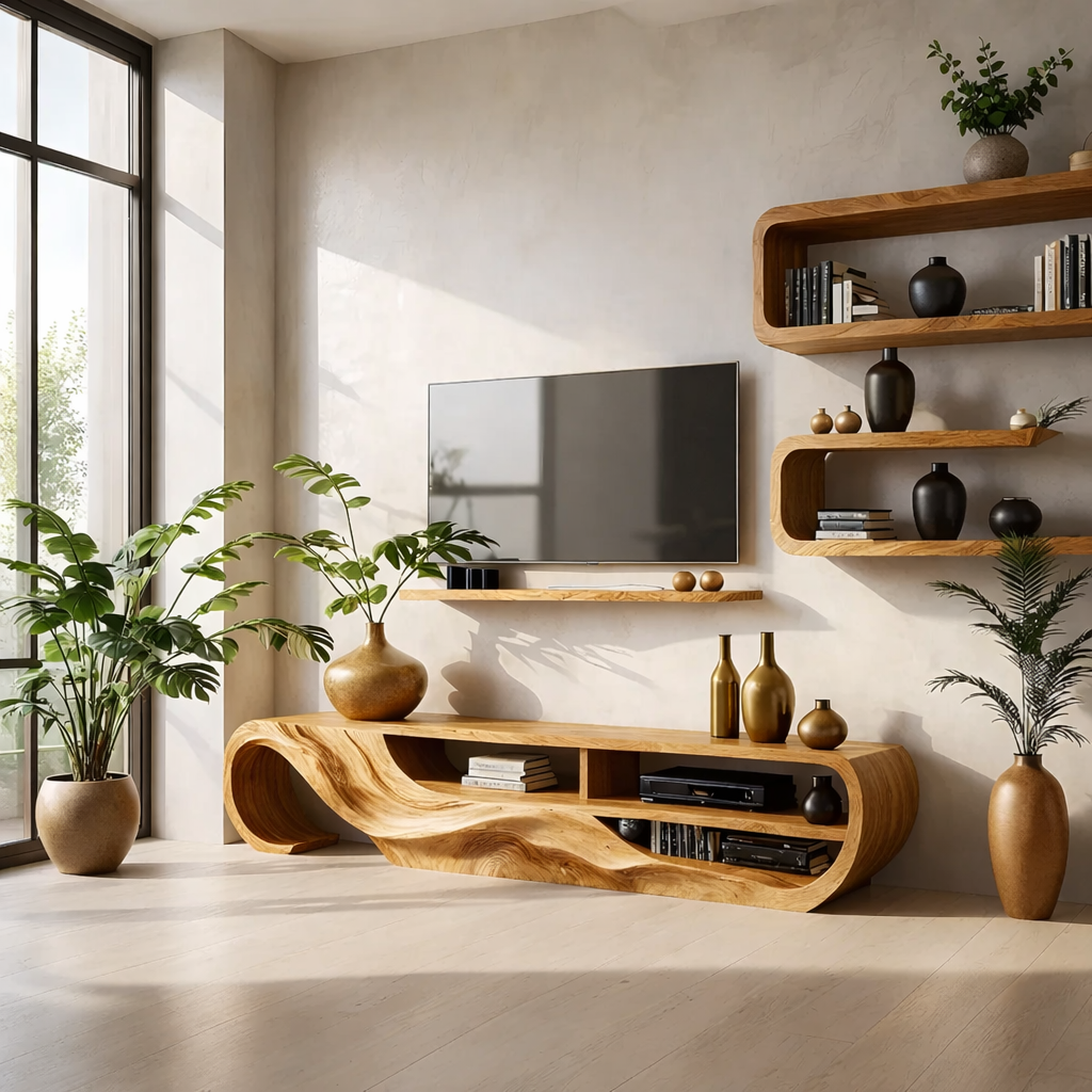 Solid Wood TV Stand Modern Sculptural Media Console for Living Room