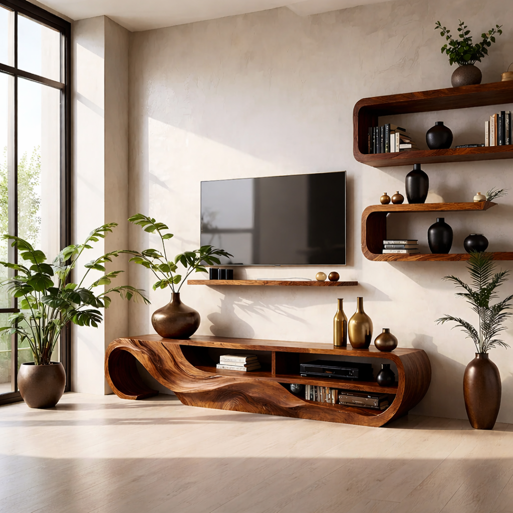 Solid Wood TV Stand Modern Sculptural Media Console for Living Room