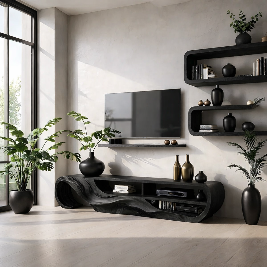 Solid Wood TV Stand Modern Sculptural Media Console for Living Room