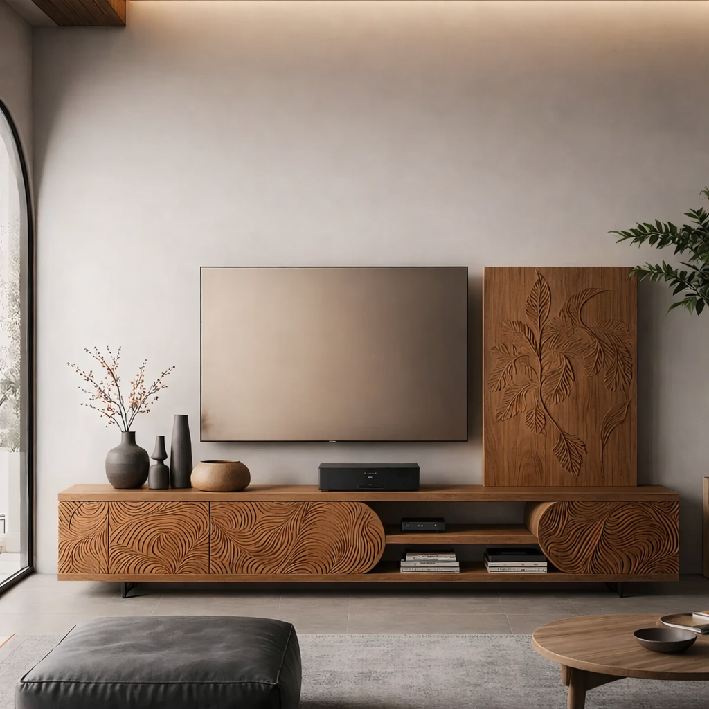 Solid Wood TV Stand Modern Media Console with Carved Front Storage Cabinet