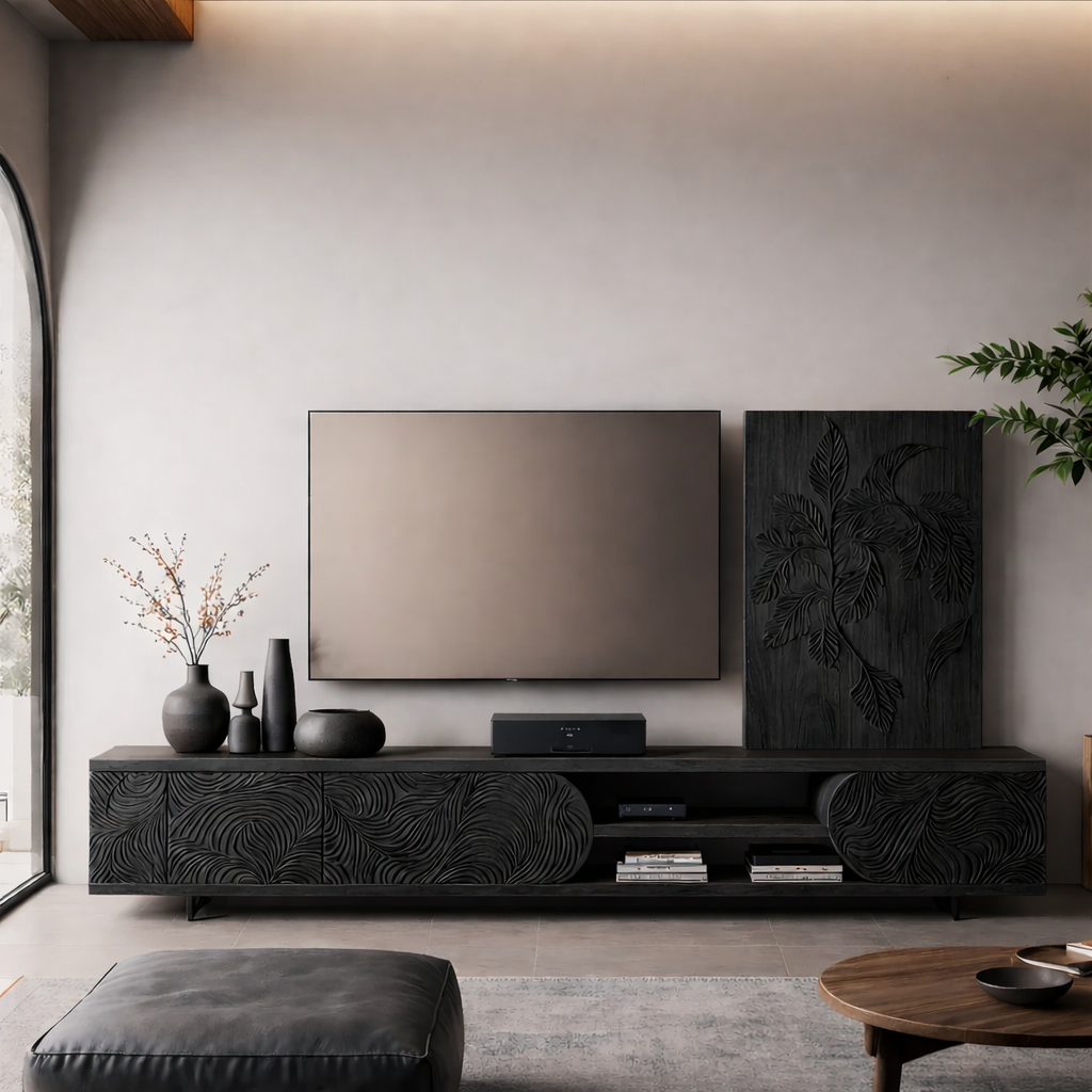 Solid Wood TV Stand Modern Media Console with Carved Front Storage Cabinet
