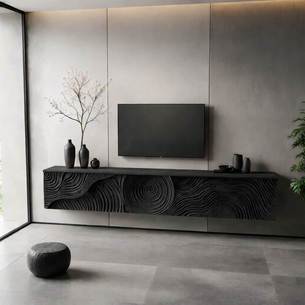 Solid Wood Floating TV Stand Modern Wall Mounted Media Console with Carved Front